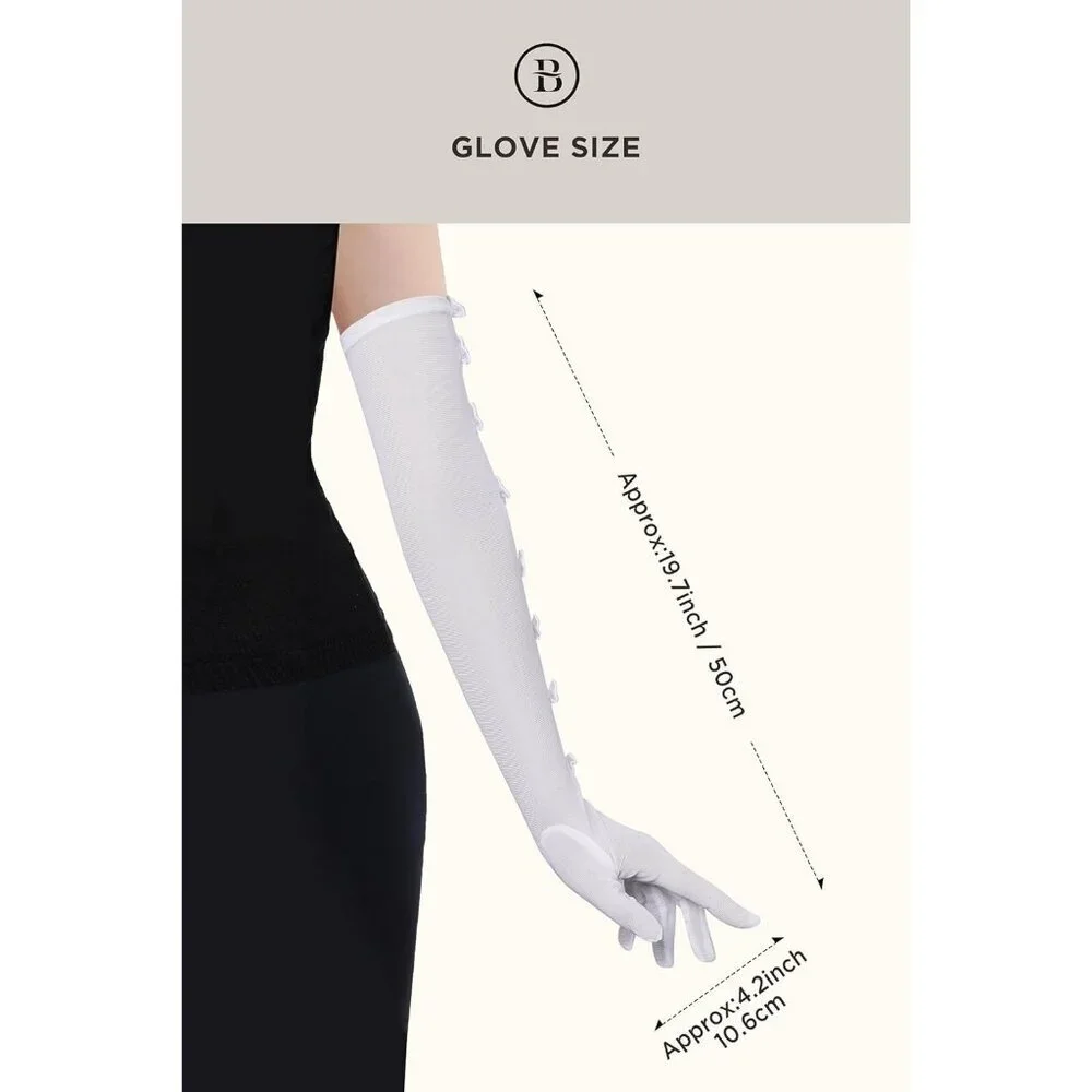 Women's Princess White Long Sleeves Gloves Bow Lace Mesh Tulle Party Prom